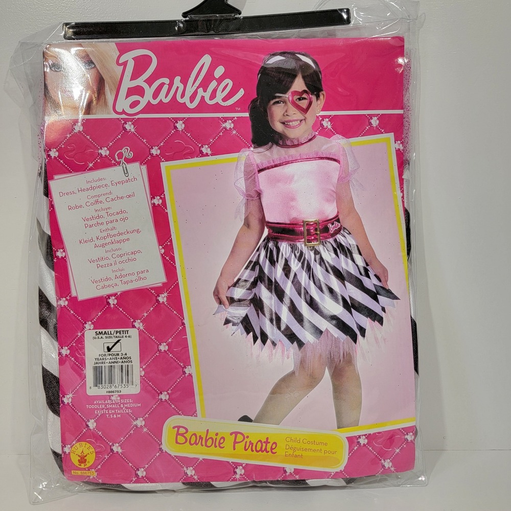 Barbie Pirate Child Costume Pink Black White Girls Size Small 4-6 Rubies 886753